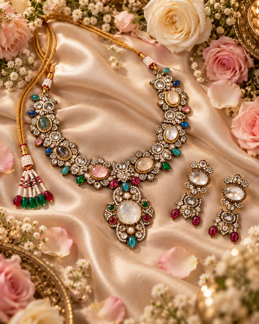 Rangrez multicolour statement necklace set on champagne silk with flowers, Indian-inspired jewellery by Rukhsar Jewels