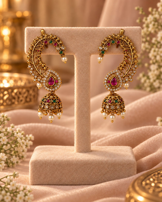 Sarina Jhumka Ear Cuff Petite Fit on jewelry stand, Indian-inspired earrings by Rukhsar Jewels