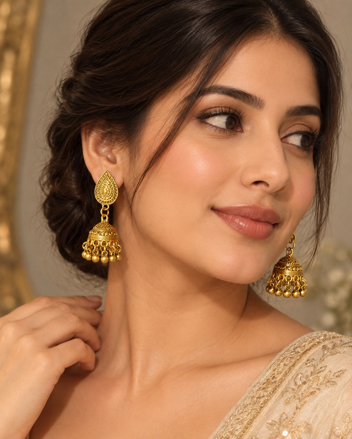 Sitara Antique Gold Jhumka Earrings on model, Indian-inspired earrings by Rukhsar Jewels